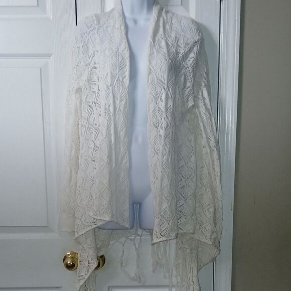 Dream Catcher white fringe open front cardigan Sz L NWT - Picture 1 of 7